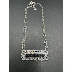 Vintage Good Works Amazing Grace Clear Rhinestone Pendant Silver Tone Necklace